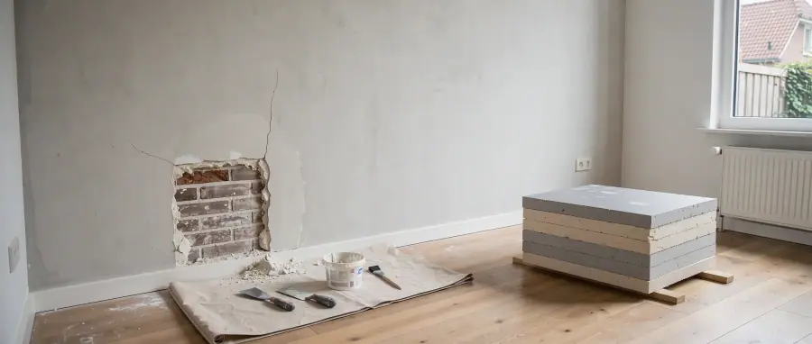 Woninginterieur met een te herstellen wand en klaargelegde isolatieplaten