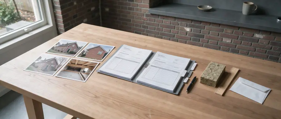 Geordend subsidiedossier met facturen, woningfoto's en isolatiemateriaal op een tafel in Groningen