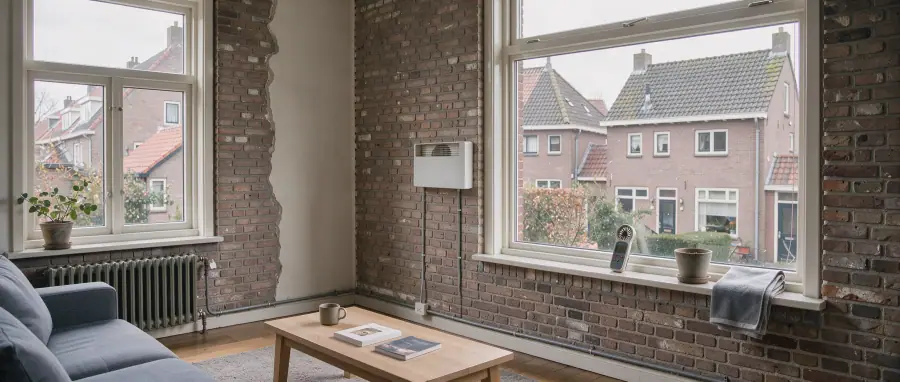 Groningse woonkamer met een discreet ventilatierooster en een installateur die de luchttoevoer zonder herkenbaar gezicht controleert